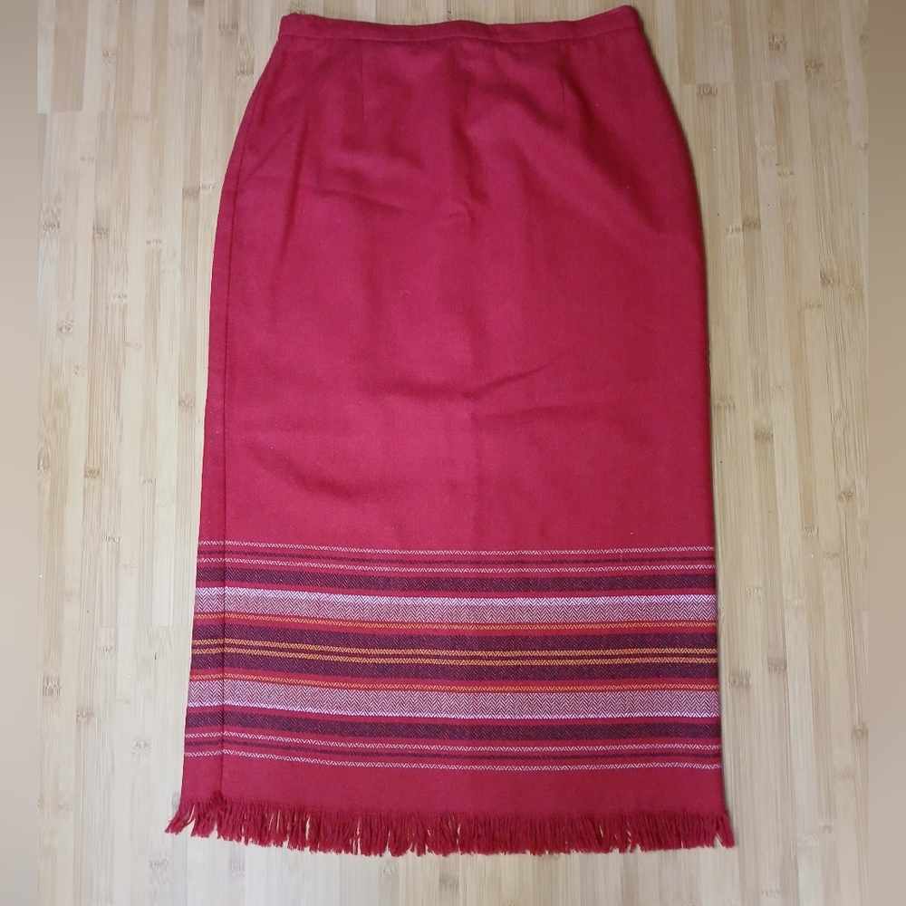 Requirements Red Wool Midi Fringe Pencil Skirt Sz 14 Striped Southwestern Warm